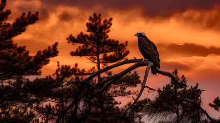 Bald Eagle (Haliaeetus leucocephalus) perched on a tree during sunset.の素材