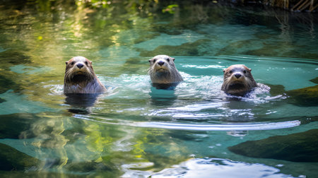Group of otters swimming in the water in the zoo. Animalの素材