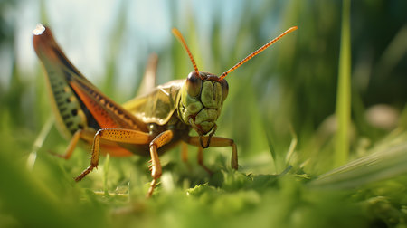 Grasshopper on green grass. Close up shot.の素材