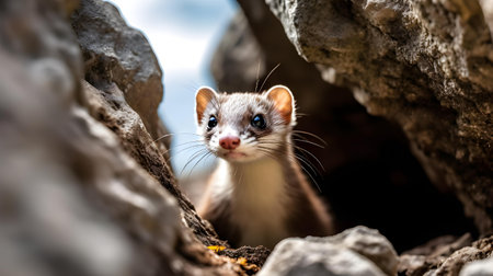 Ferret looking out of hole in rock, selective focus on eyeの素材