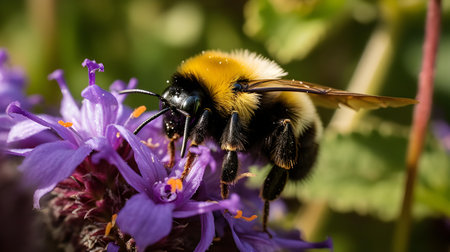bumblebee on a purple flower in the garden close-upの素材