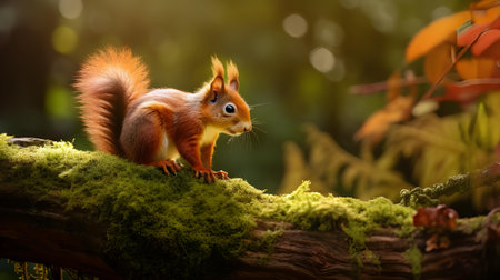 Squirrel on a branch in the autumn forest. Beautiful red squirrel in the autumn forest.の素材