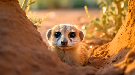Cute meerkat looking out of the hole in the sandの素材