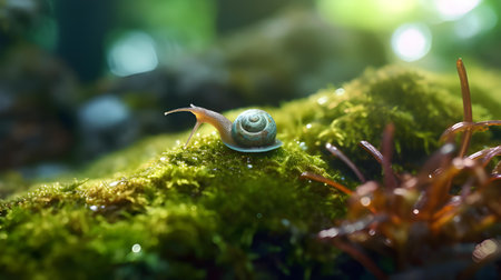 Snail crawling on green moss in the rainforest, close upの素材
