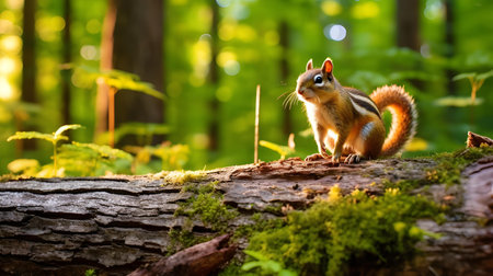 Squirrel on a log in the forest. Wildlife scene from nature.の素材