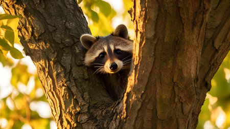 Raccoon in the tree, close up. Wildlife scene from nature.の素材