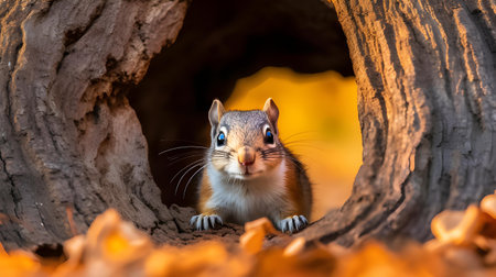 Squirrel in a hollow of a tree in the autumn forest.の素材