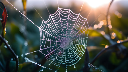 Spider web with dew drops in the morning sunlight. Nature backgroundの素材