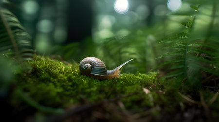 Snail crawling on the green moss in the forest. Selective focusの素材