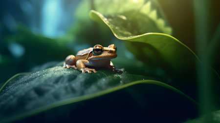 Frog on a green leaf in the forest. Close upの素材