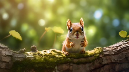 Cute little squirrel sitting on a tree trunk in the forest.の素材