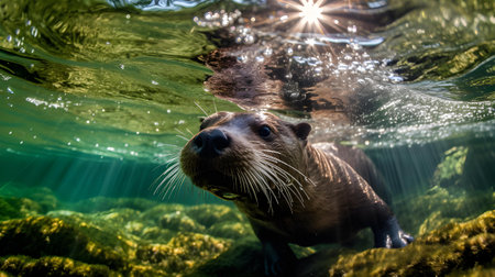 Otters swimming in the water. Underwater view of a wet animal.の素材