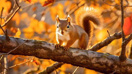 Squirrel on a tree branch in the autumn forest, close-upの素材