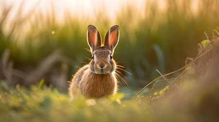 Rabbit in the meadow at sunset, shallow depth of fieldの素材