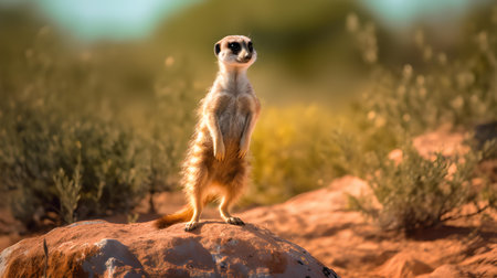 Meerkat standing on a rock in the Kalahari desertの素材