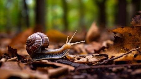 Snail crawling on the ground in the forest. Selective focus.の素材