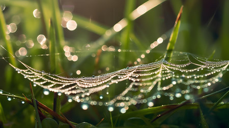 dew drops on a spider web in the morning rays of lightの素材