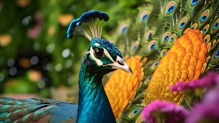 Peacock with colorful feathers and flowers on bokeh backgroundの素材