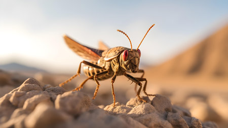 Close-up of a grasshopper on the ground at sunsetの素材