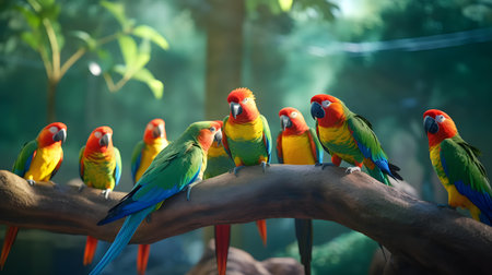 Colorful parrots on a branch in a cage. Selective focus.の素材