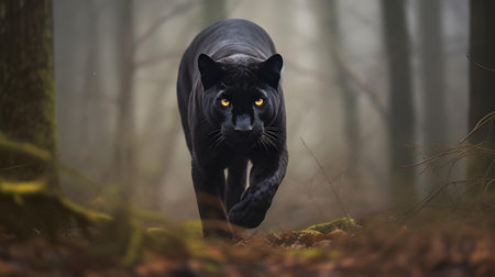 Black panther in the forest. Big cat with yellow eyes.の素材
