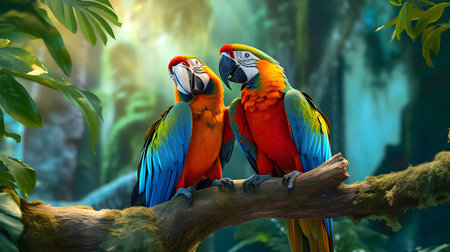 Colorful macaws sitting on a branch in the jungle. 3d renderingの素材