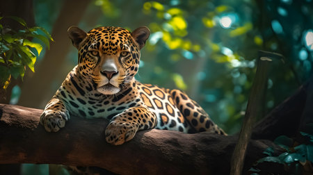 Jaguar resting on a log in a zoo. Panthera oncaの素材