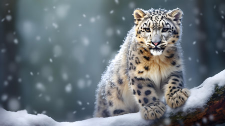 Snow leopard (Panthera uncia) sitting on a branch in the snowの素材