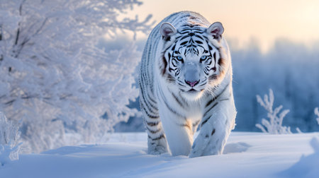 Beautiful white tiger in the snow. Beautiful winter landscape with a wild animal.の素材