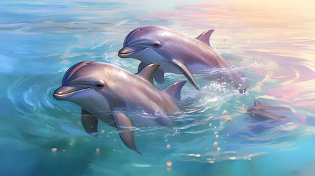 Dolphins swimming in the sea. 3d render illustration of dolphinsの素材
