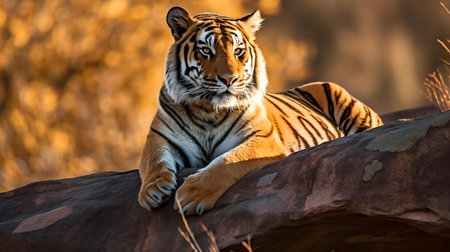 Siberian Tiger resting on a rock in the evening light.の素材