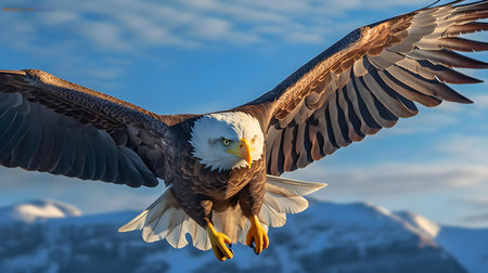 Bald Eagle (Haliaeetus leucocephalus) in flight over Alaska.の素材