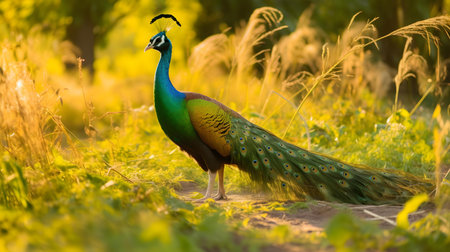 Peacock walking in the meadow at sunset. Beautiful peacockの素材