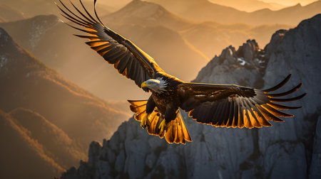 Bald Eagle (Haliaeetus leucocephalus) flying in the mountainsの素材