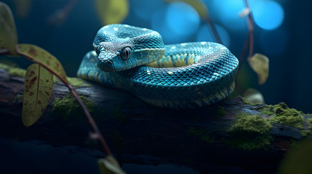 Close-up of a beautiful blue snake on a tree branch.の素材