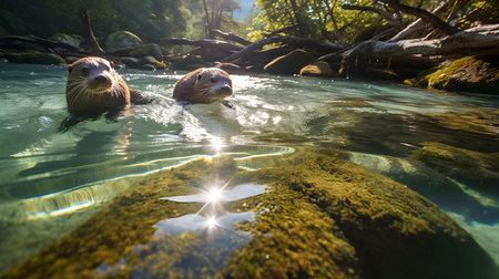 Otters swimming in the water of a mountain river with sun raysの素材