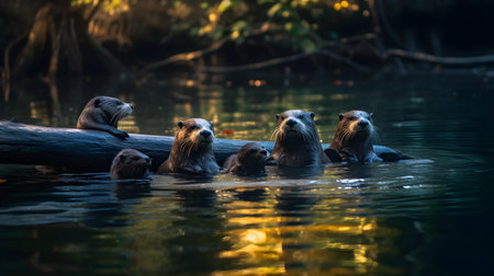 Group of otters swimming in the river. Wildlife scene from nature.の素材