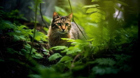 Cat in the forest. Beautiful cat with green eyes in the forest.の素材