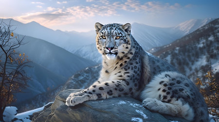 Snow leopard sitting on a rock in the mountains at sunset.の素材