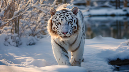 Portrait of a white tiger in the snow in the winter forestの素材