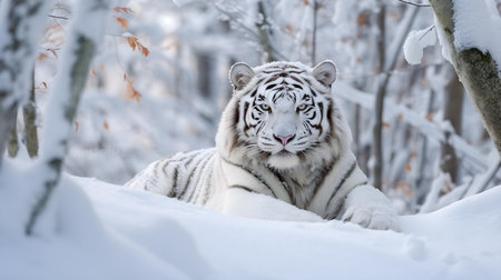 White tiger in the winter forest. Wildlife scene from wild nature.の素材