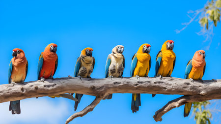 Colorful macaws sitting on a branch with blue sky in backgroundの素材