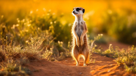 Meerkat standing on the road in the Kalahari desertの素材