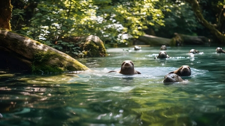 Group of sea otters swimming in the water in the forest.の素材