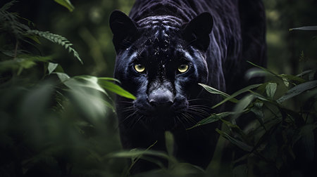 Close-up portrait of a black panther in the dark forestの素材