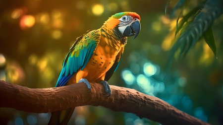 Beautiful macaw parrot sitting on a branch in the forestの素材