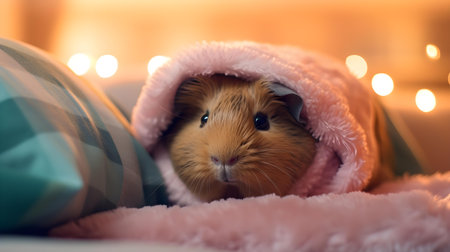 Cute guinea pig in soft blanket at home, closeupの素材