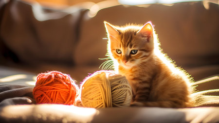 Cute ginger kitten playing with balls of yarn on the sofa.の素材