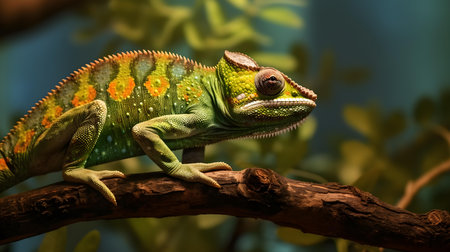 Chameleon on a branch, close-up view of the faceの素材
