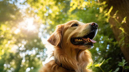 Portrait of golden retriever dog with tongue out in the parkの素材